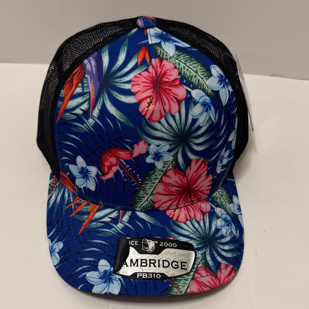 Cambridge Floral Tropical Trucker Hat - Blue with Pink Hibiscus